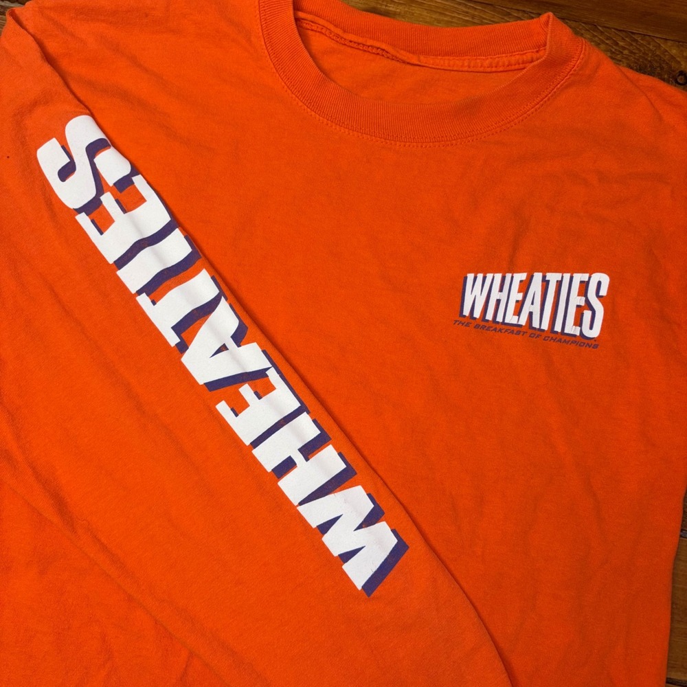 Vintage Wheaties Graphic T-Shirt Mens XL Orange Long Sleeve Cereal Promo Tee SEE